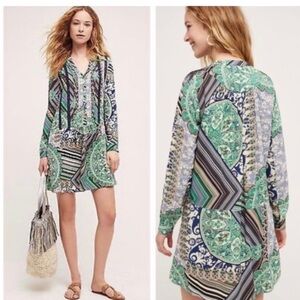 ANTHROPOLOGIE Tiny Caviana Rayon multiprint longsleeve mini shirtdress tunic
